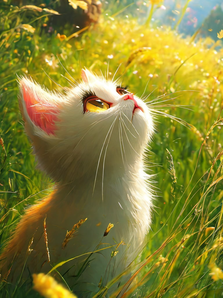 zyx01, cat, animal, looking up, whiskers, 1boy, standing, grass, yellow eyes, pants, oversized animal, 1girl,<lora:zyx01:0.8>,, best quality, ultra-detailed, masterpiece, finely detail, highres, 8k wallpaper