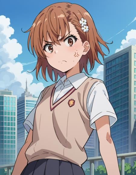 score_9, score_8_up, score_7_up, source_anime,mikotomisaka, <lora:mikoto-misaka-ponyxl-lora-nochekaiser:1>,mikoto misaka, short hair, brown hair, hair ornament, hair flower, brown eyes, angry, anger vein,skirt, shirt, school uniform, white shirt, short sleeves, pleated skirt, grey skirt, sweater vest, tokiwadai school uniform, v-neck,outdoors, cityscape,looking at viewer, cowboy shot, dutch angle,