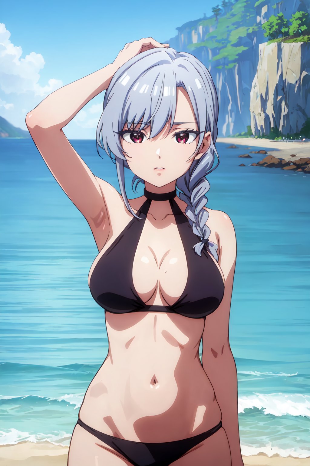 NanoEiai, 4k, absurd, high resolution, very high resolution, high definition, masterpiece, 1 girl,long hair, alone, silver hair, locks, reddish brown eyes, black bikini, hair tied up in a braid, beach, upper_body<lora:EMS-392397-EMS:0.700000>