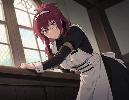 score_9, score_8_up, score_7_up, source_anime,lilyagreyrat, <lora:lilya-greyrat-s1-ponyxl-lora-nochekaiser:1>,lilya greyrat, purple eyes, red hair, glasses,long sleeves, dress, pantyhose, apron, maid, maid headdress, maid apron,indoors, smile, bent over,looking at viewer, dutch angle, cowboy shot,