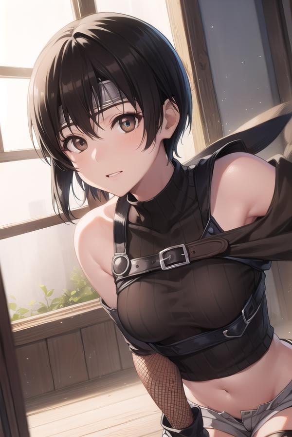 yuffiekisaragi, <lora:yuffie kisaragi v2-lora-nochekaiser:1>, yuffie kisaragi, (black hair:1.5), (brown eyes:1.7), short hair, pixie cut,BREAK crop top, fingerless gloves, fishnet thighhighs, fishnets, forehead protector, gloves, headband, navel, short shorts, shorts, single sleeve, single thighhigh, sleeveless, sleeveless turtleneck, thighhighs, turtleneck,BREAK cowboy shot, looking at viewer, BREAK indoors,BREAK <lyco:GoodHands-beta2:1>, (masterpiece:1.2), best quality, high resolution, unity 8k wallpaper, (illustration:0.8), (beautiful detailed eyes:1.6), extremely detailed face, perfect lighting, extremely detailed CG, (perfect hands, perfect anatomy),