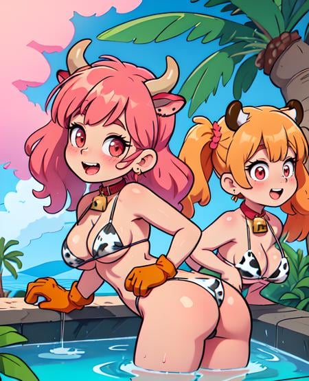 animal print, cow print, bell, neck bell, cowbell, cow ears, cow horns, collar, multiple girls, year of the ox, breasts, cow tail, ear tag, cow girl, horns, palm tree, 2021, ass, palm leaf, chinese zodiac, red collar, animal ears, pool, swimsuit, rating:questionable, leopard print, bikini, 3girls, print bikini, twintails, tree, thong bikini, milk bottle, huge breasts, red eyes, looking at viewer, honoka \(doa\), lactation, scrunchie, pink hair, smile, pink eyes, water, cleavage, new year, blush, plant, cow, open mouth, earrings, hair ornament, hanging breasts, fake horns, blonde hair, bamboo, tail, print gloves, bangs, black collar, milk 