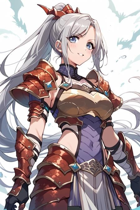 score_9, score_8_up, score_7_up, score_6_up, 1girl, <lora:Niijima_Ibuki:0.9> ibuki, long hair, ponytail, armor, dragon armor,