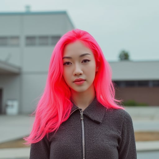 An analog photograph of a 35-year-old Asian woman with neon pink hair standing outdoors in front of a building.