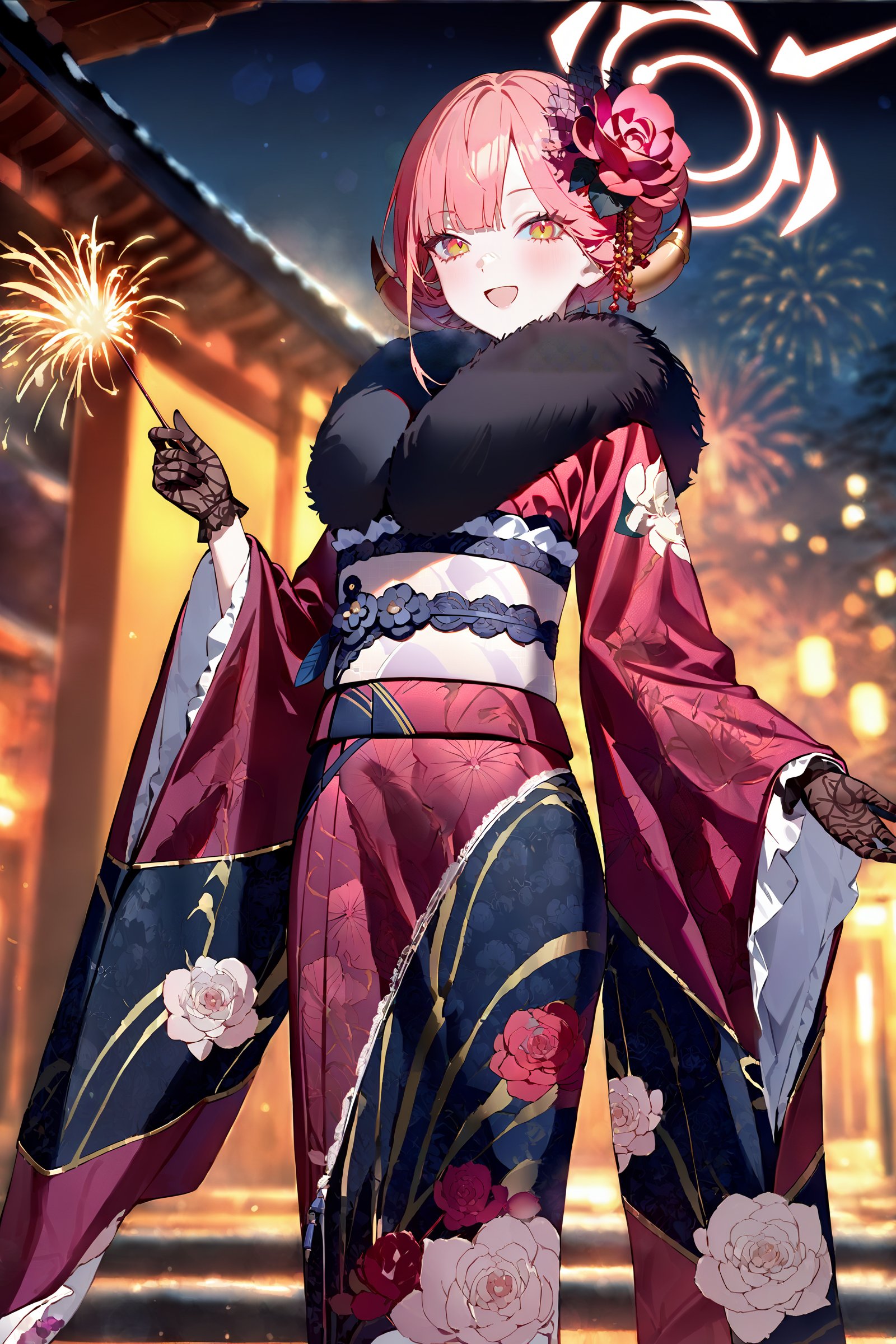 masterpiece, best quality, very aesthetic, ray tracing, newest,(hitenkei, askzy:0.5), 1girl, aru \(blue archive\), solo, fur-trimmed kimono, lace gloves, horns, hair flower, halo, obi, sash, tabi, single hair bun, standing, cowboy shot, holding fireworks, smile, open mouth, night, outdoors, blurry background  <lora:quality1:0:hr=2>,  <lora:Char-BlueArchive-Aru-XL-V1:0.9>