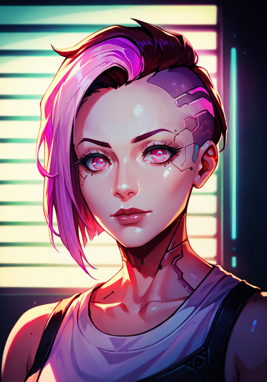 score_9, score_8_up, score_7_up, score_6_up, high quality, masterpiece, 8k, highres, detailed, upper body, looking at viewer, eye focus :: solo, woman, (mature:1.3), (adult:1.2), long face, detailed face :: rim lighting, light, bright, cell shading, queer fantasy, neon, cyberpunk :: cybernetics, friendly, closed mouth, standing :: wearing clothes :: (light hair:1.1), undercut, multicolored hair :: (pink eyes:1.1), ringed eyes