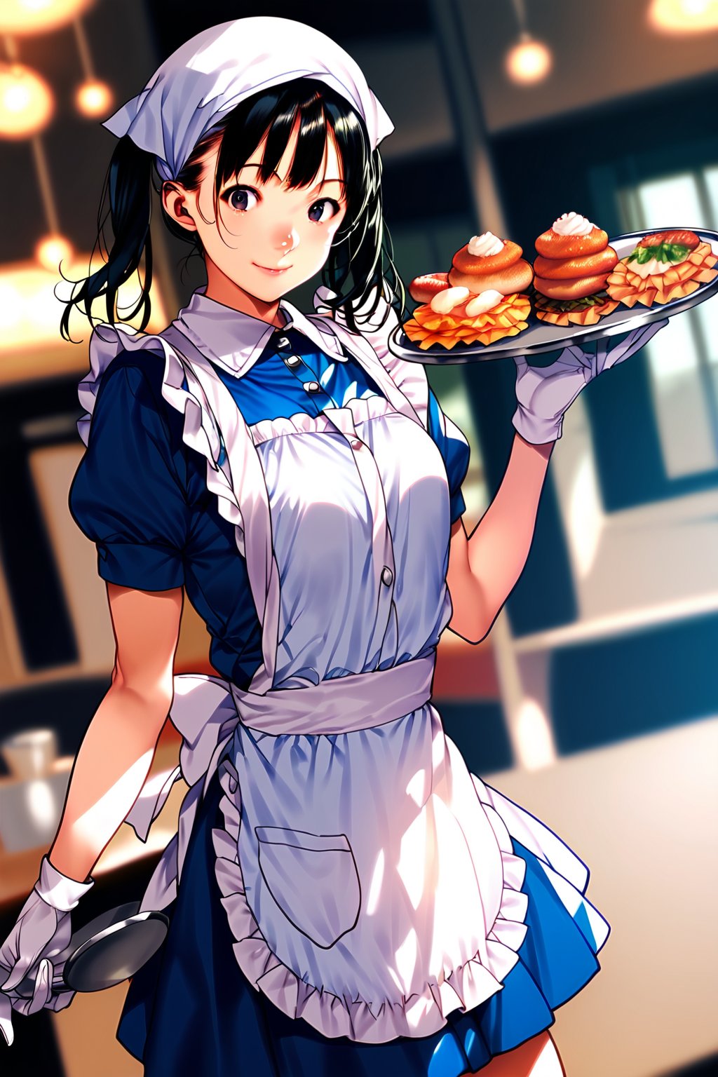 score_9, score_8_up, score_7_up, score_6_up, score_5_up, score_4_up, source_anime, ((cowboy shot)), tokikawa sui, 1girl, solo, sidelocks, twintails, smile, apron, blue shirt, blue skirt, frilled apron, frills, gloves, head scarf, shirt, short sleeves, skirt, uniform, waist apron, waitress, white apron, white gloves, food, tray, food tray, indoors, restaurant, looking at viewer, dutch angle, cowboy shot, dynamic pose,masterpiece, perfect face, best quality, beautiful girl, blurry background, cute girl, beautiful eyes, shiny eyes, <lora:tokiyama sui anime pony 726:1>