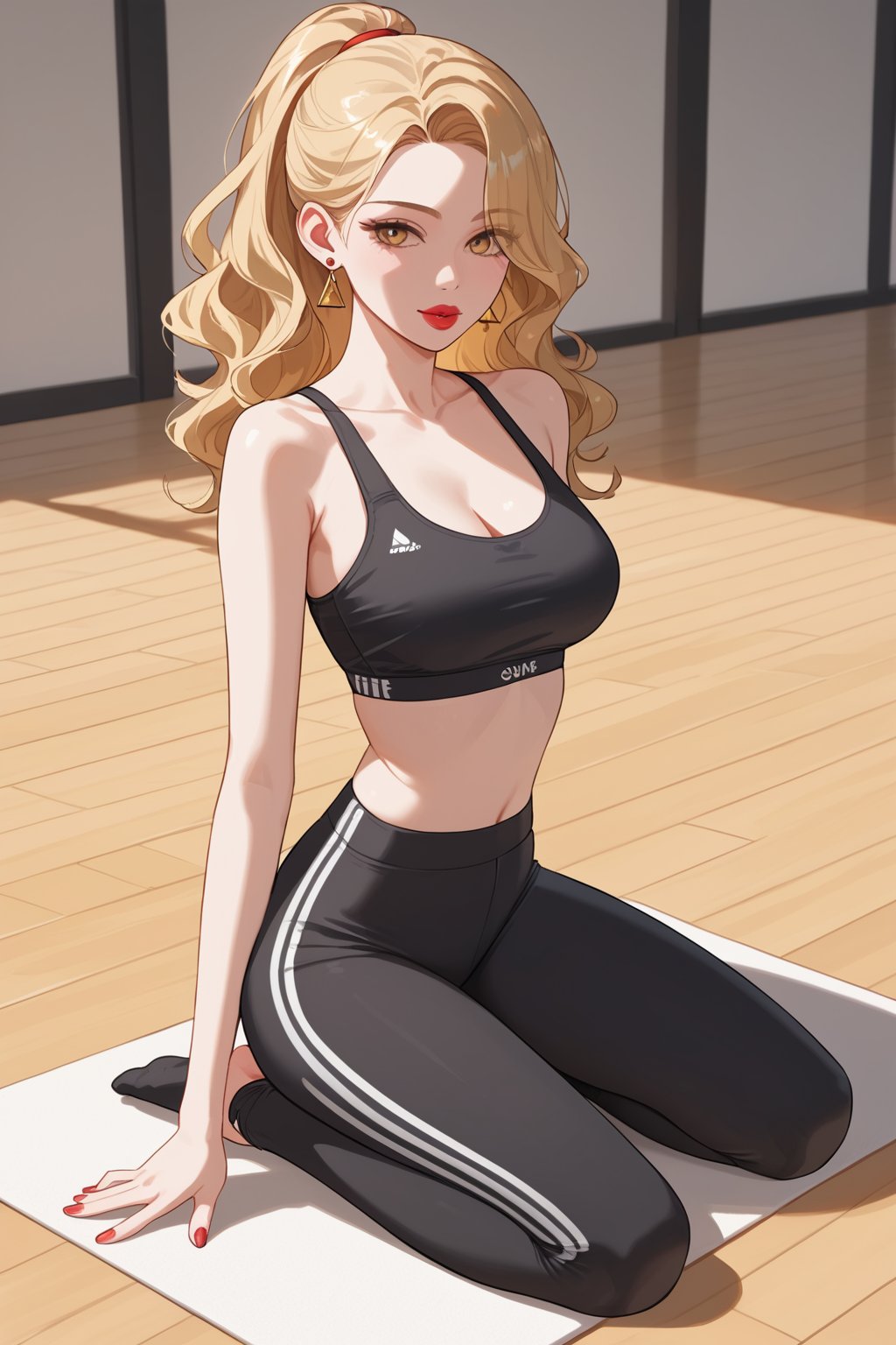 score_9,score_8_up,score_7_up,source_anime,triangle pose, yoga pants and sports bra, Heiress, Average Height, in shape, Triangular Face, Fair Skin, Golden Blonde Hair, gold Eyes, Narrow Nose, Full Lips, Receding Chin, Shoulder-Length Hair, Wavy Hair, Updo, asymmetrical breasts, Dangle earrings, red satin lipstick,Korean girl,