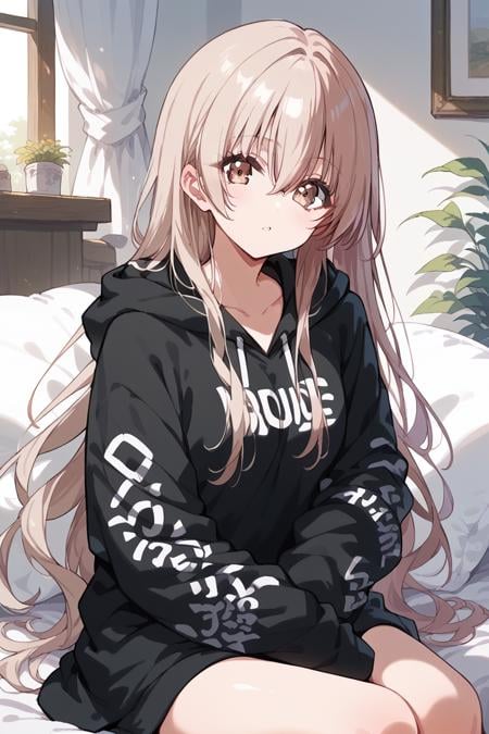 score_9, score_8_up, score_7_up, score_6_up, 1girl,<lora:Shinomiya_KokoaV2:0.9> kokoa, long hair, solo, hood, hoodie, pillow, looking at viewer, sitting, bangs, brown eyes, hood down, hair between eyes, long sleeves, black hoodie