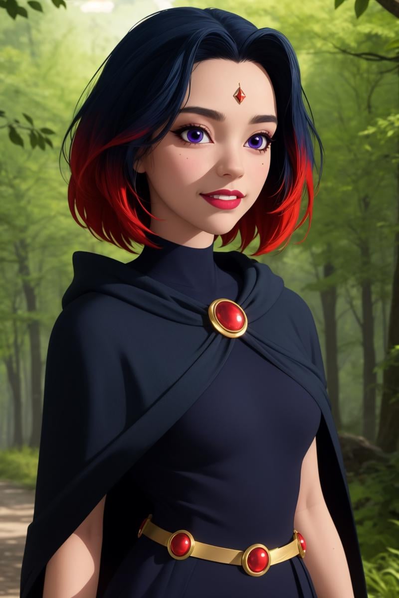 raven, 1girl, solo, purple eyes, black hair, red hair, multicolored hair, two-tone hair, gradient hair, short hair, makeup, forehead jewel,black dress, pantyhose, belt, cape,smile,closed mouth,cowboy shot,upper body,forest,outdoor,(insanely detailed, beautiful detailed face, masterpiece, best quality) cinematic lighting,<lora:Raven_SHG_v1:1>, <lora:more_details:0.3>,