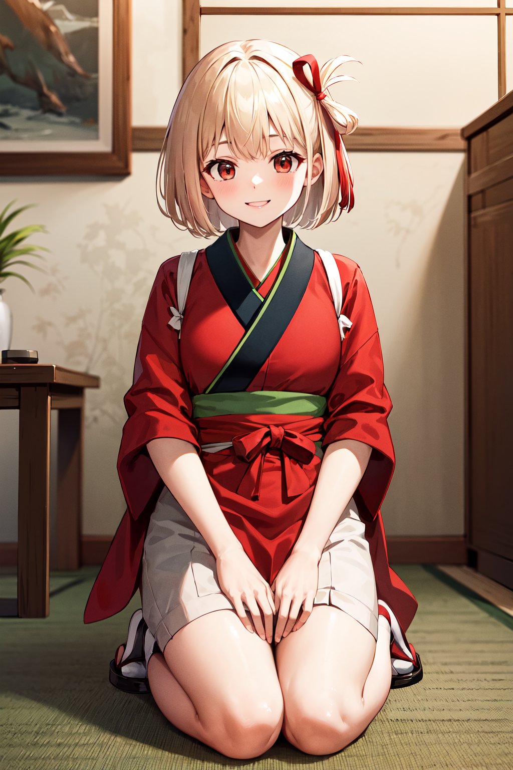 masterpiece, best quality, highres, aachisato, short hair, hair ribbon, japanese clothes, (red kimono:1.2), sash, (brown apron:1.2), <lora:nishikigi_chisato_v1:0.7>, indoors, smile, kneeling, hand on knees, 