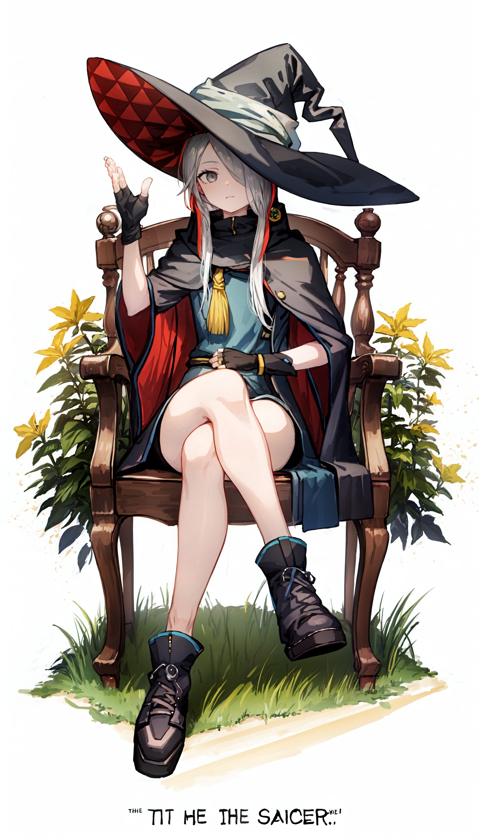 1girl, hat, hair over one eye, sitting, gloves, multicolored hair, virtual youtuber, witch hat, long hair, fingerless gloves, creature, chair, red hair, grey hair, asymmetrical sleeves, looking at viewer, crossed legs, coat, black coat, solo, black gloves, grey eyes, two-tone hair, plant, english text, feet out of frame, single glove