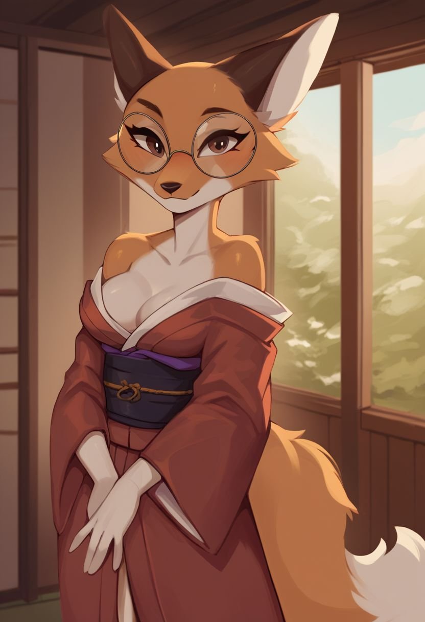 score_9, score_8_up, score_7_up, rey, fox girl, fox ears, rounded eyewear, brown eyes, orange fur, tail, furry female, medium breasts, kimono, Japanese teahouse, indoors, windows, day,