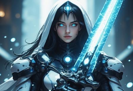 best quality, illustration, incredibly absurdres, ultra detailed, 1girl, cinematic angle, nun, glowing eyes, crosses, cyborg, armed, Weapons, Sword of the Cross, Futuristic glowing sword, holding sword, luminescence, energy sword, depth of field, hkstyle, anime style