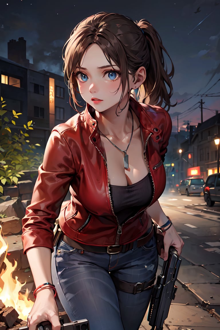 (masterpiece, best quality:1.4), insaneres, absurdres, solo, looking at viewer,BREAK GAME_ResidentEvil2Remake_ClaireRedfield_ownwaifu, brown hair, blue eyes, ponytail, breasts, long hair, large breasts, nose, makeup, dog tags, lipstick, jacket, jewelry, necklace, red jacket, pants, belt, denim, jeans, holster, bracelet, zipper, pendant, cleavage, collarbone, thigh holster, long sleeves, silk, leather jacket,  leaning forward, holding gun), cowboy shot, garden, night, fire, debris, <lora:GAME_ResidentEvil2Remake_ClaireRedfield_ownwaifu:0.3>