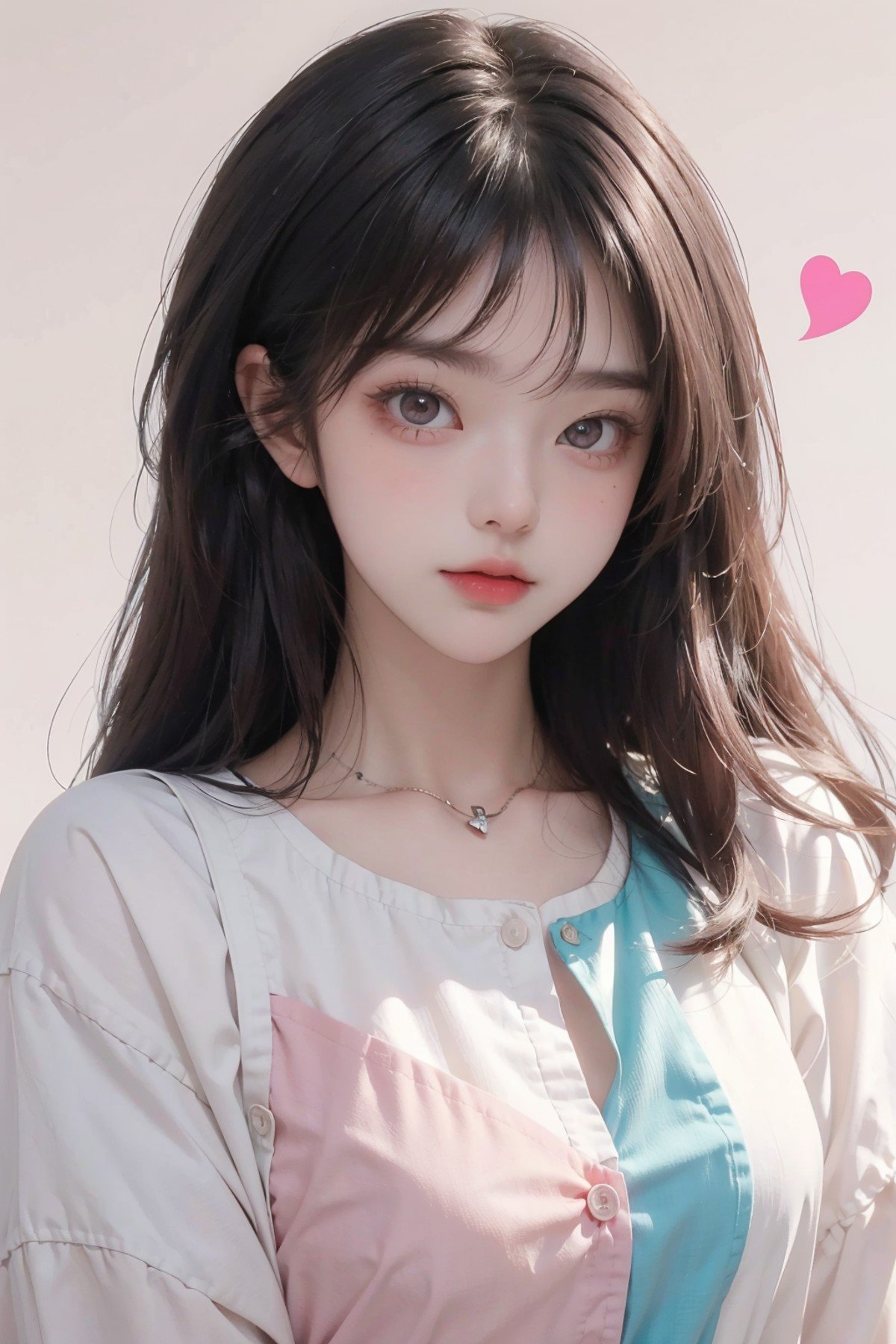 medium breasts, (curvy), cute, eyelashes,  pastel,1girl, solo, long hair, looking at viewer, blush, simple background, shirt, hair ornament, collarbone, upper body, heart, parted lips, choker, star (symbol), symbol-shaped pupils, aqua hair, heart-shaped pupils, pink background, pink shirt, star hair ornament, multicolored eyes, food-themed hair ornament, colorful, multicolored shirt, pastel colors,