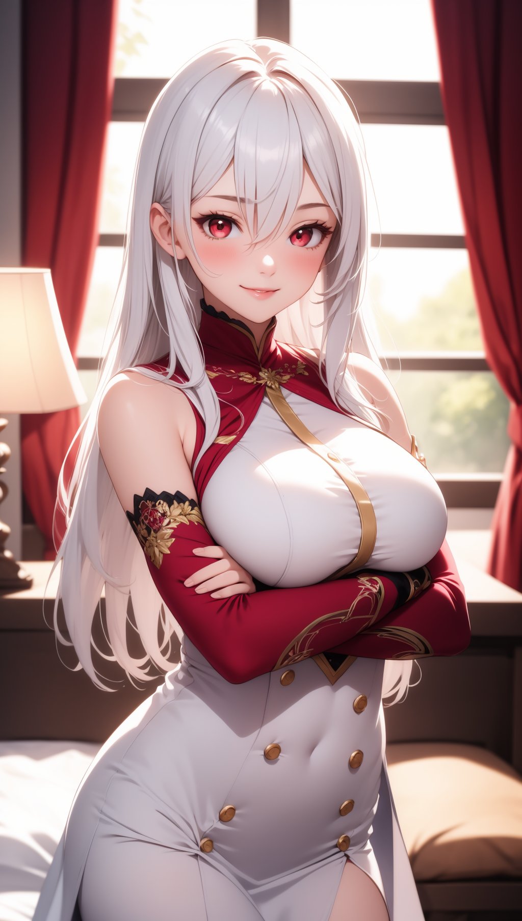 (masterpiece, best quality), intricate details, 1girl, solo, long hair, looking at viewer, indoors, crossed arms, smile, detached sleeves, white hair, curtains, large breasts, red eyes, bare shoulders, closed mouth, long sleeves, upper body, dress, lamp, picture frame, blush, window, buttons, flower, sleeveless, sidelocks, hair between eyes, arms under breasts, tassel, lips, chair