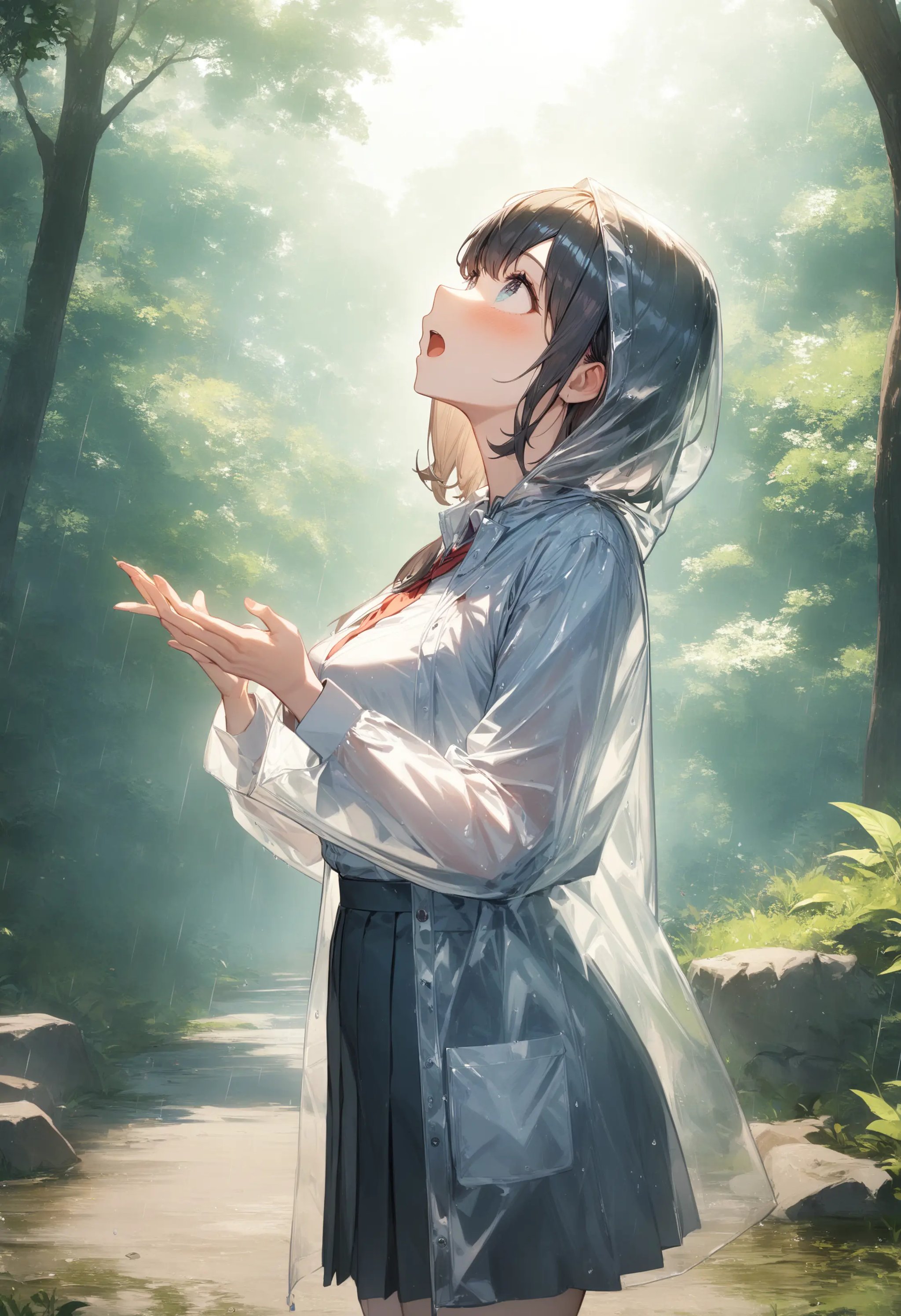 1girl, <lora:sdxl2-flat2-512b:-1>,medium breasts,school uniform,transparent raincoat,<lora:transparentraincoat_XL_v1:0.7>from side, wide shot, looking up, water eye, roads in the forest, open mouth,masterpiece, best quality, very aesthetic, absurdres