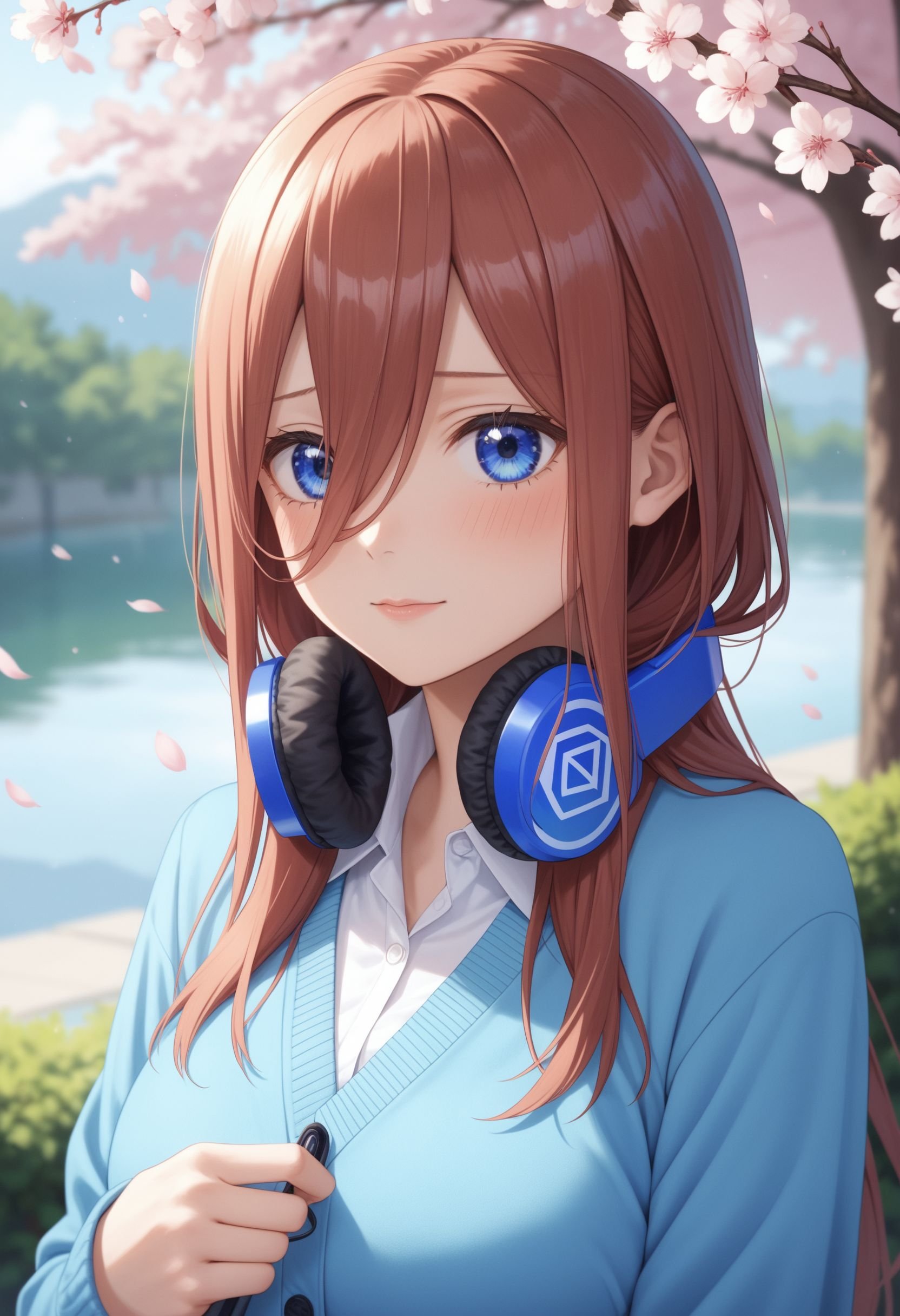 score_9, score_8_up, score_7_up, source_anime,1girl, nakano miku, go-toubun no hanayome, blue eyes, brown hair, blue cardigan, collared shirt, long sleeves, headphones around neck, long hair, shy, looking at viewer, upper body, outdoors, cherry blossoms,