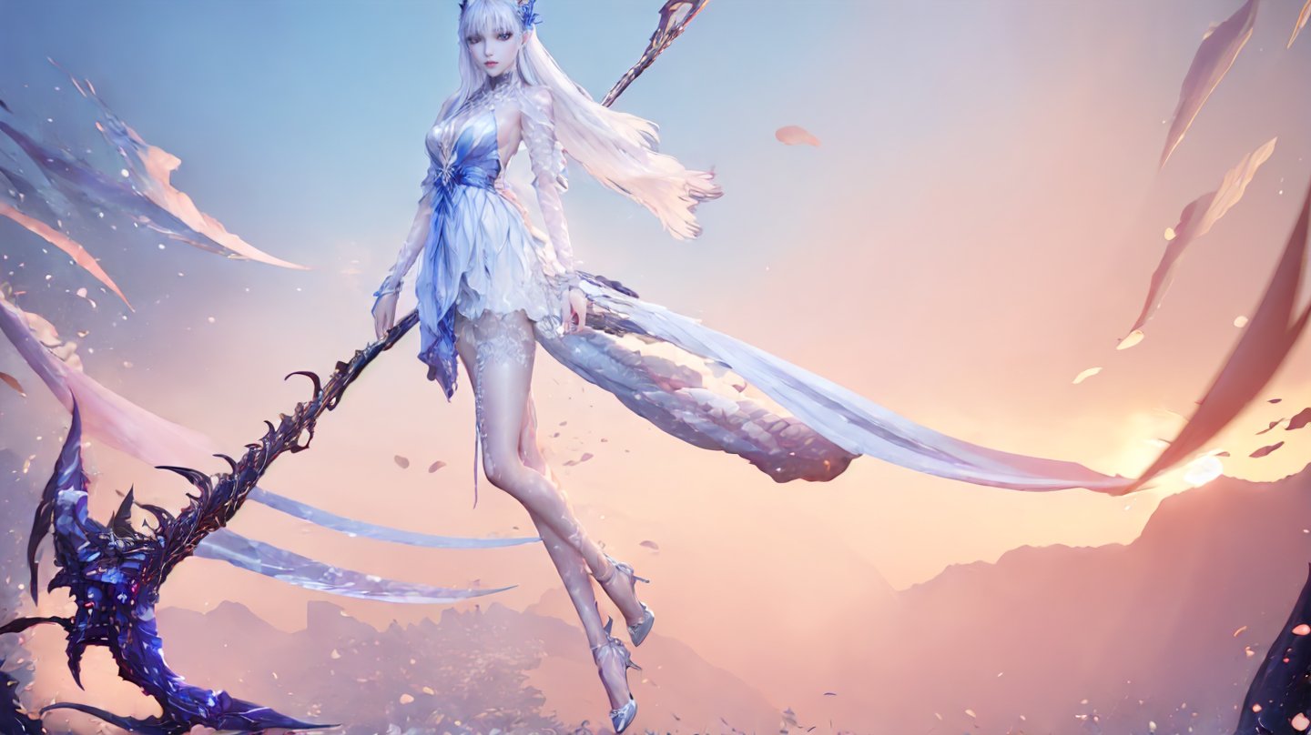 cr,1girl,solo,full body,white dress,white hair,long hair,hair ornament,jewelry,high heels,scythe,holding,holding weapon,weapon,holding scythe,red eyes,looking at viewer,hair_ornament,metal hair accessories,blue_dress,flower field,sunset,blue_sky,,<lora:玫瑰花场景-王导:0.6>