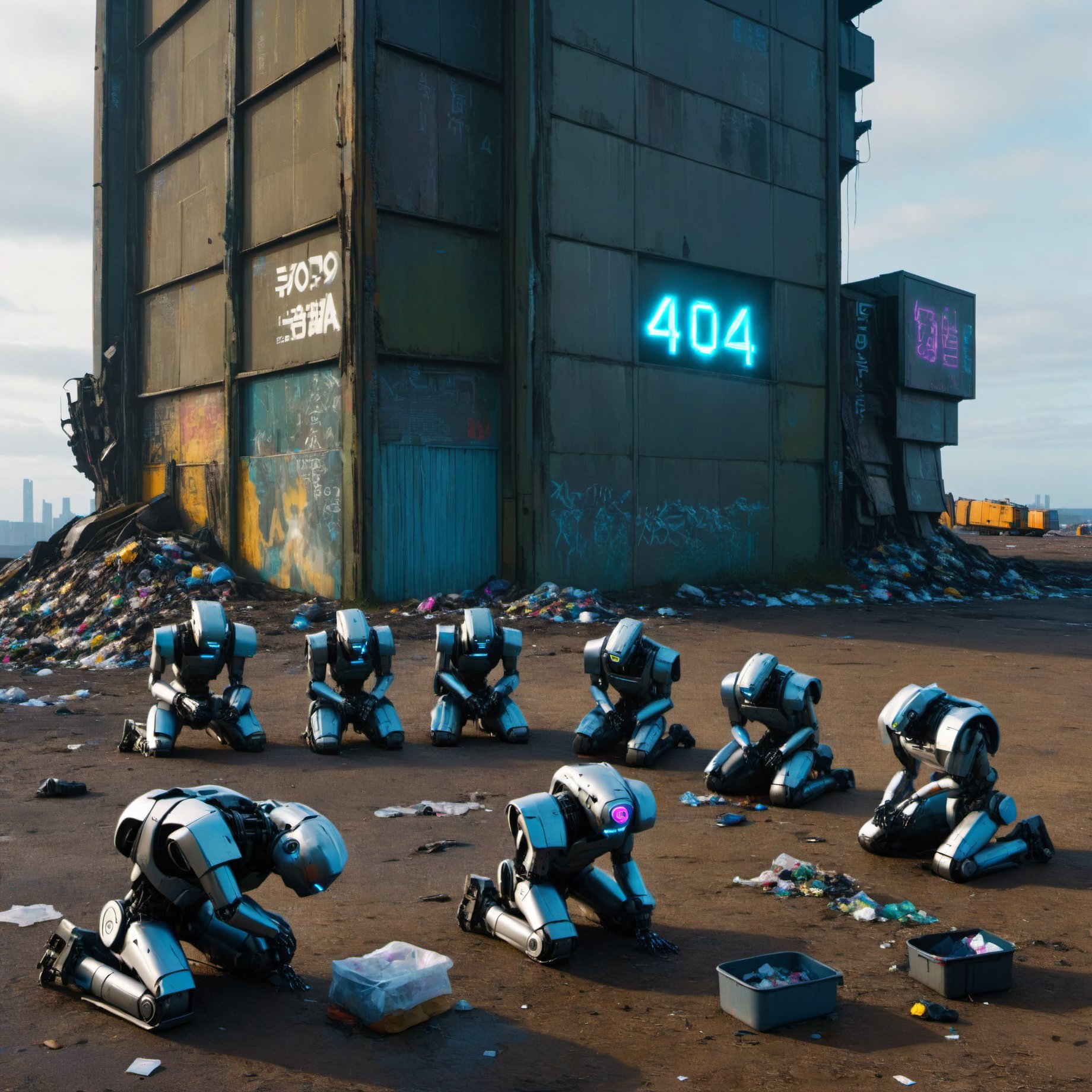 "404" text on a cyberpunk building, Landfill, Rubbish, a group of robot kneeling on the ground