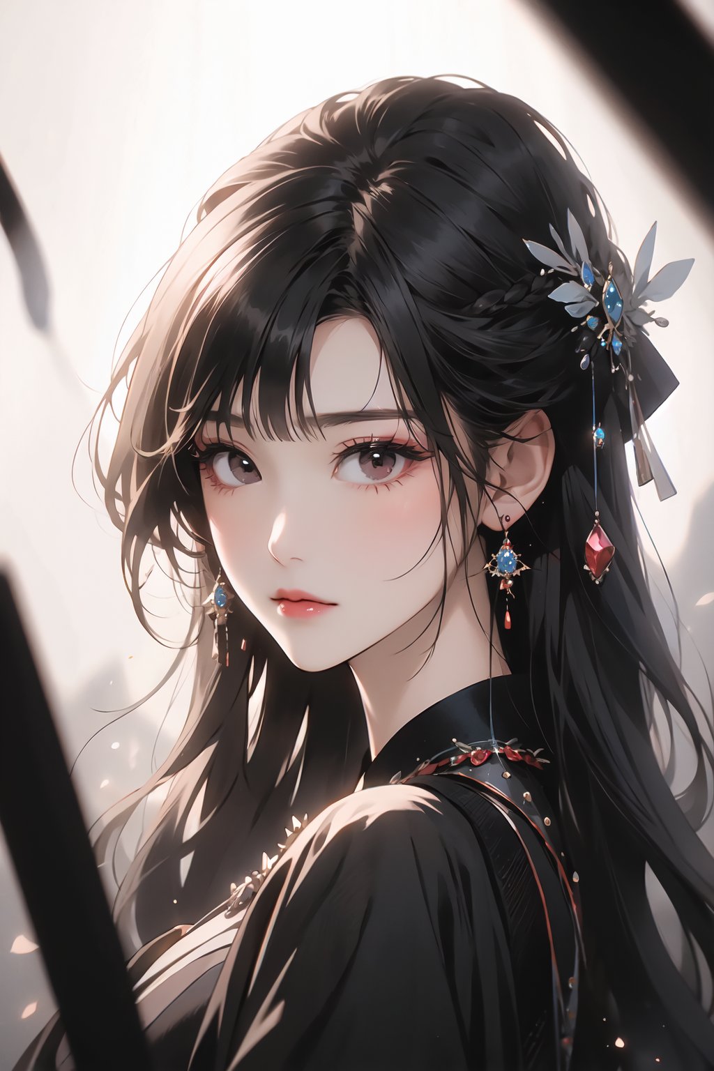 1girl bangs black hair blunt bangs braid closed mouth fish gem jewelry long hair looking at viewer makeup portrait solo,