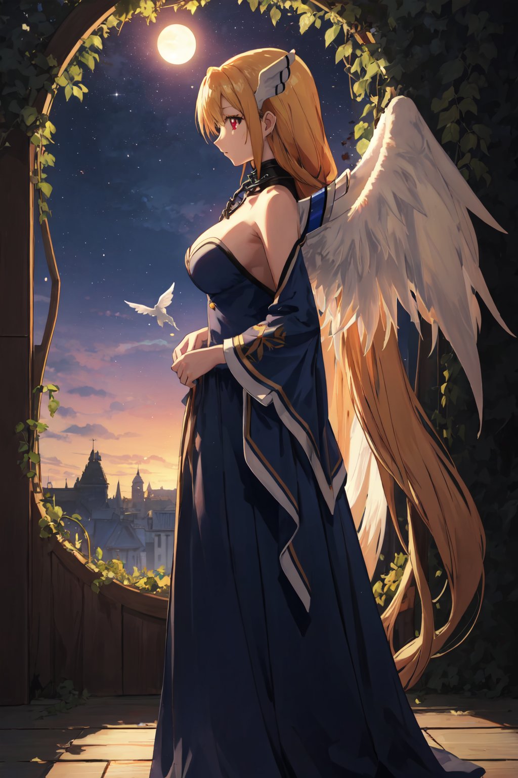 <lora:Astraea-000009:0.8>,Astraea CYQL,1girl,looking at viewer,solo,blonde hair,long hair,very long hair,low-tied long hair,red eyes,collar,chain,breasts,wings,angel wings,head wings,One-shoulder evening gown,kind_smile,profile,Amidst the dense foliage, towering ancient trees block out the sun while vines intertwine, and brightly hued birds dart about. The occasional monkey's call echoes,beautiful detailed sky,beautiful detailed glow,posing in front of a colorful and dynamic background,masterpiece,best quality,beautiful and aesthetic,contrapposto,female focus,wallpaper,