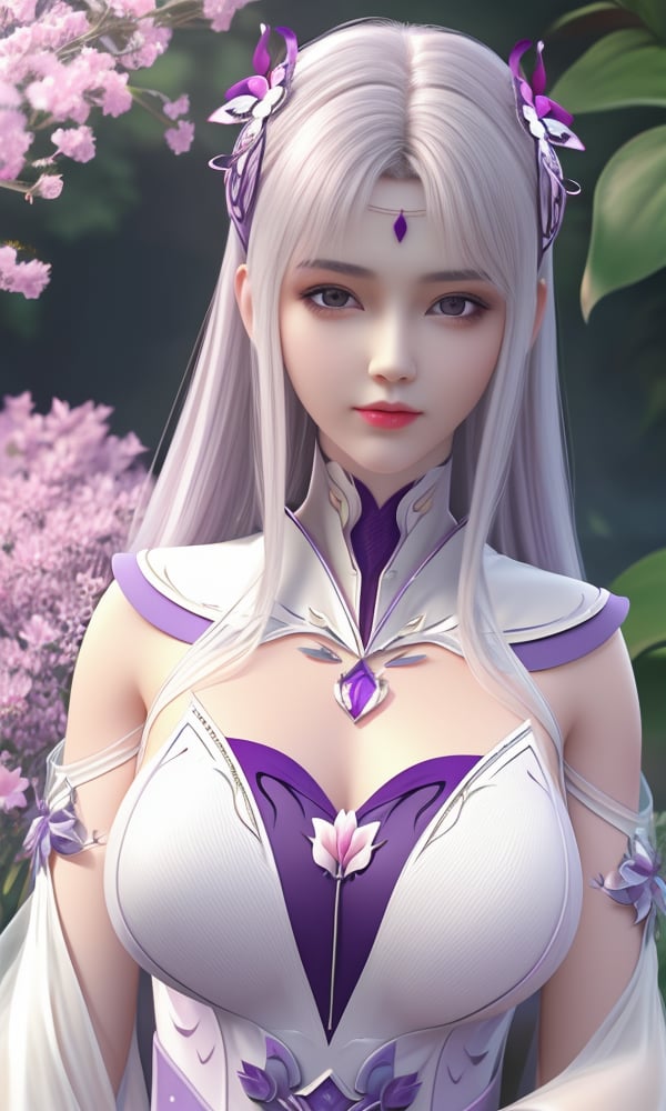 (,1girl, ,best quality, ),looking at viewer, <lora:427-DA-斗破苍穹-小医仙-天毒女-白衣:0.8> ,ultra detailed 8k cg,ultra detailed background,ultra realistic 8k cg,1girl, solo,(bare shoulders:0.85),(masterpiece, best quality),((oil painting style)),sexy young lady,(beautiful face and eyes),(upper body:1.5),(whole body:1.05),(single person:1.2),surrounded by flowers, (lily), roses, floret, vegetation, white, purple, purplish pink,Impressionism,colorful,(Breast size:1.3),(cleavage),