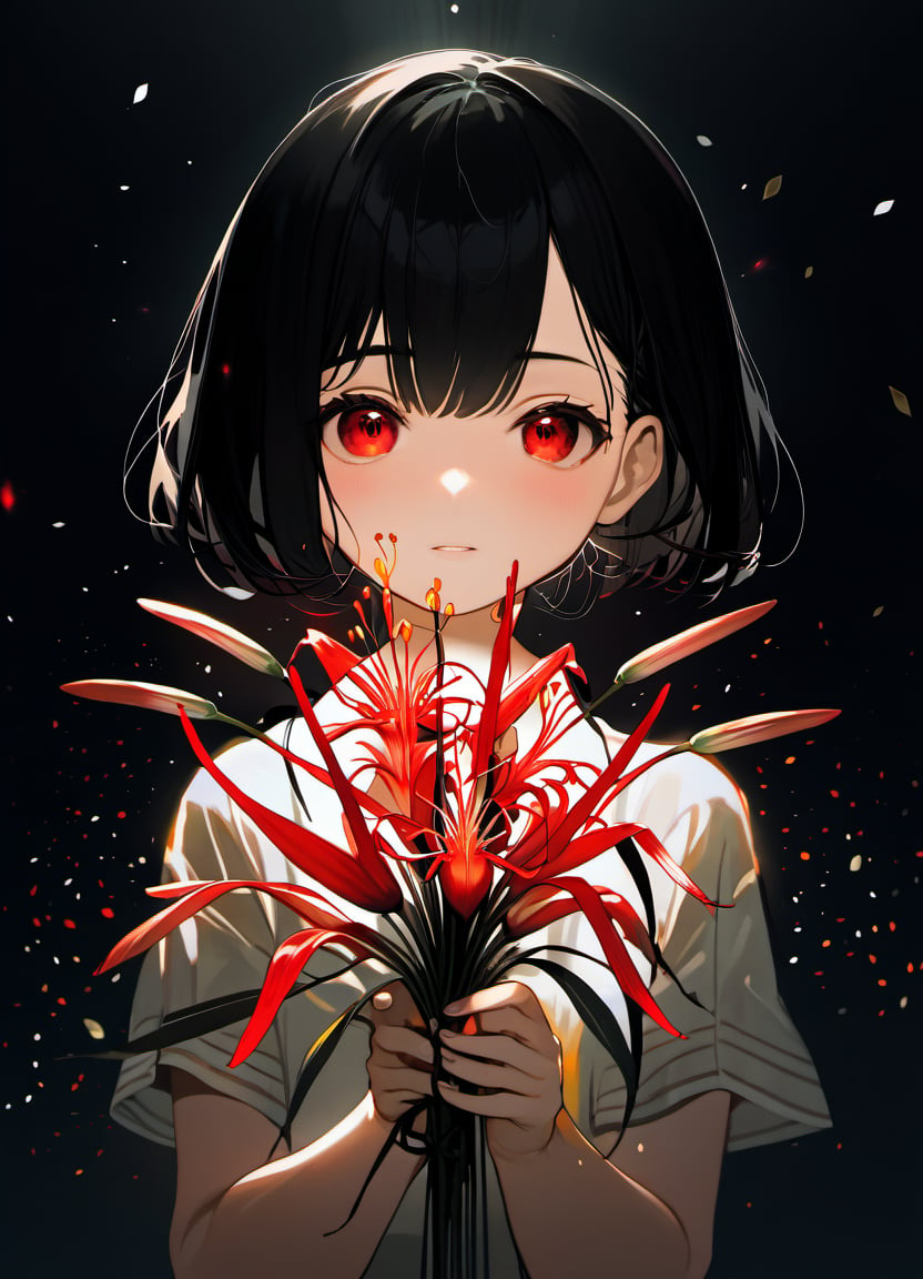 face focus, cute, masterpiece, best quality, 1girl holding lycoris, black background, light particle, solo, black hair, red eyes, standing, pixiv, depth of field, cinematic compotision, best lighting, looking up