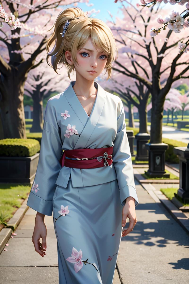 ((ultra detailed, masterpiece, absurdres)) <lora:FFLuna:0.8>FFLuna, 1girl, blonde hair, looking at viewer, walking in a serene Japanese park with cherry blossoms, yukata, and a hair ornament