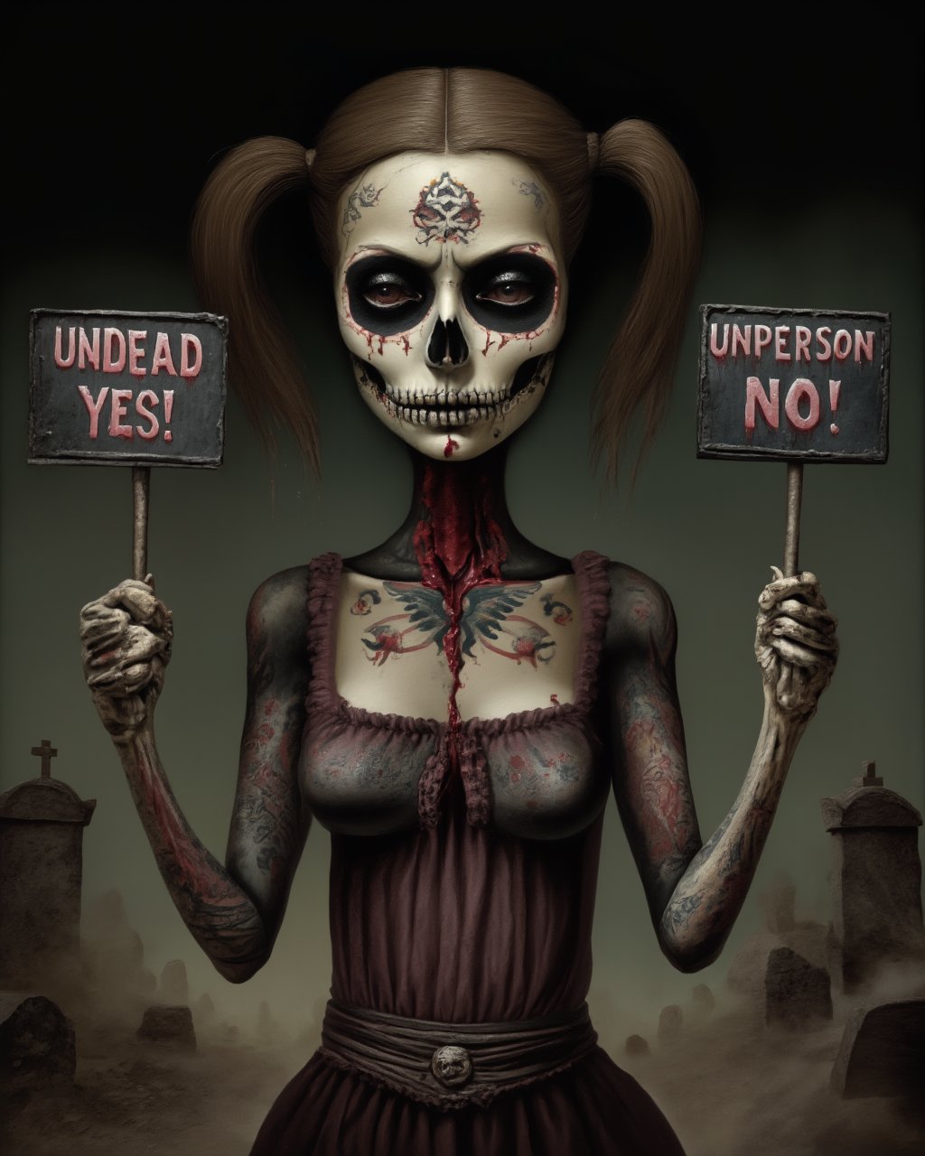 1 woman,solo,(pale skin:1.3),age28,face tattoos,tattoos,body tattoos,demonic symbols,holding 2 bloody signs. one signe says 'UNDEAD YES!' the other one says 'UNPERSON NO!' in big bloody letters,dusty background,fog,Black background,pigtails,skull girl,day of the dead,in a graveyard,Ultra-HD-details,true to life,HDR image,High detail resolution,soft eyes,natural skin,high detailed face,high detailed cloth,film photography,vintage,cinematic lighting,realistic,surreal,lowbrow art style,<lora:LowBrowF1D:1>