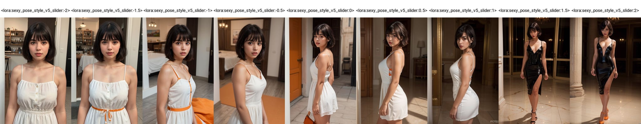 (best quality,4k,8k,highres,masterpiece:1.2),ultra-detailed,(realistic,photorealistic,photo-realistic:1.37), photorealistic, photography,1girl, (full body:1.2), solo, looking at viewer, short hair, bangs, black hair, orange dress, parted lips, (orange and white dress:1.2), professional photography,realistic <lora:sexy_pose_style_v5_slider:-2>