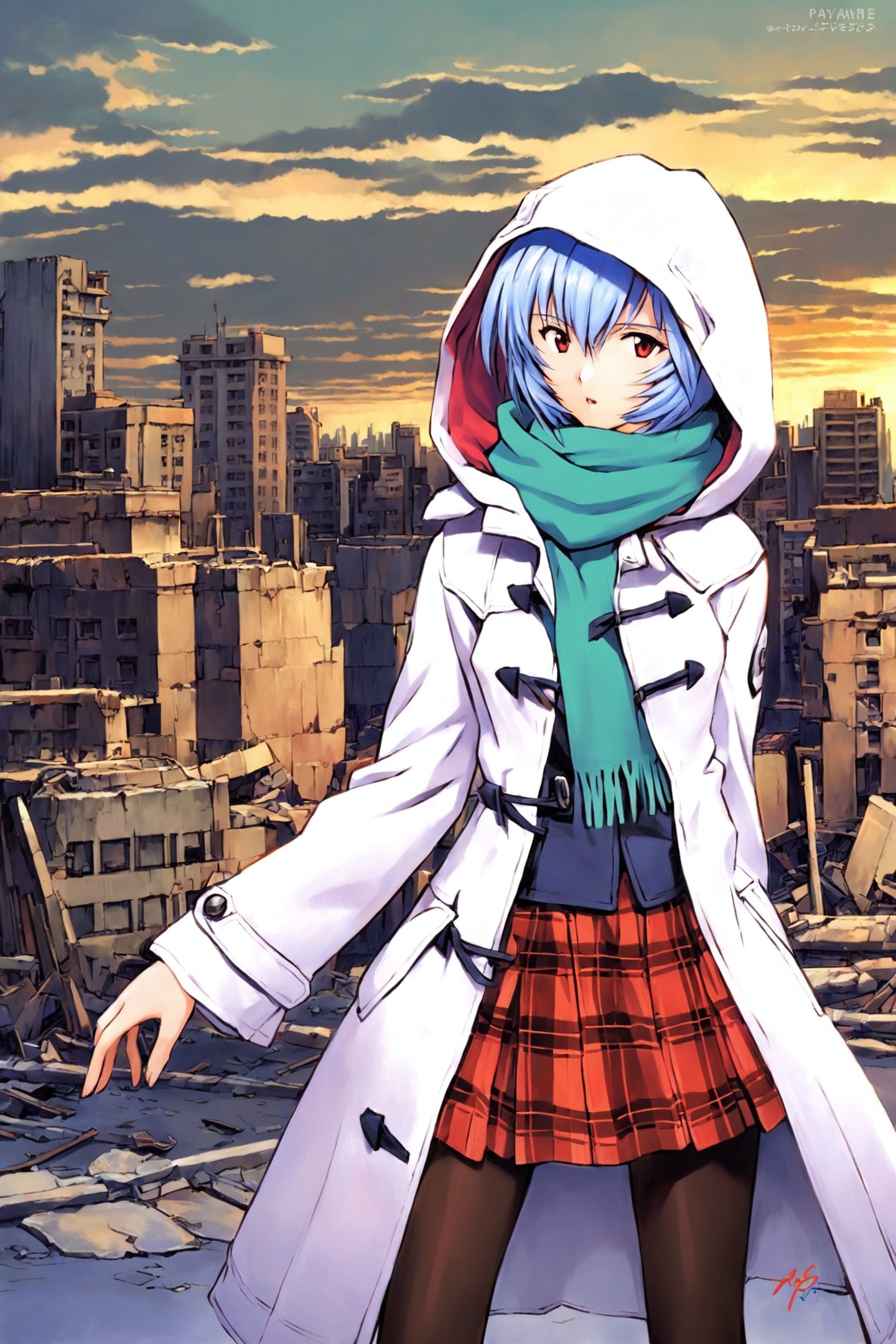 1girl,solo,ayanami rei,ruins,blue hair,coat,red eyes,skirt,plaid,hood,short hair,pantyhose,standing,plaid skirt,hood up,white coat,outdoors,building,looking at viewer,signature,long sleeves,scarf,hair between eyes,hooded coat,bangs,city,open coat,parted lips,<lora:Sadamoto Yoshiyuki_XL_kohaku:0.8>,