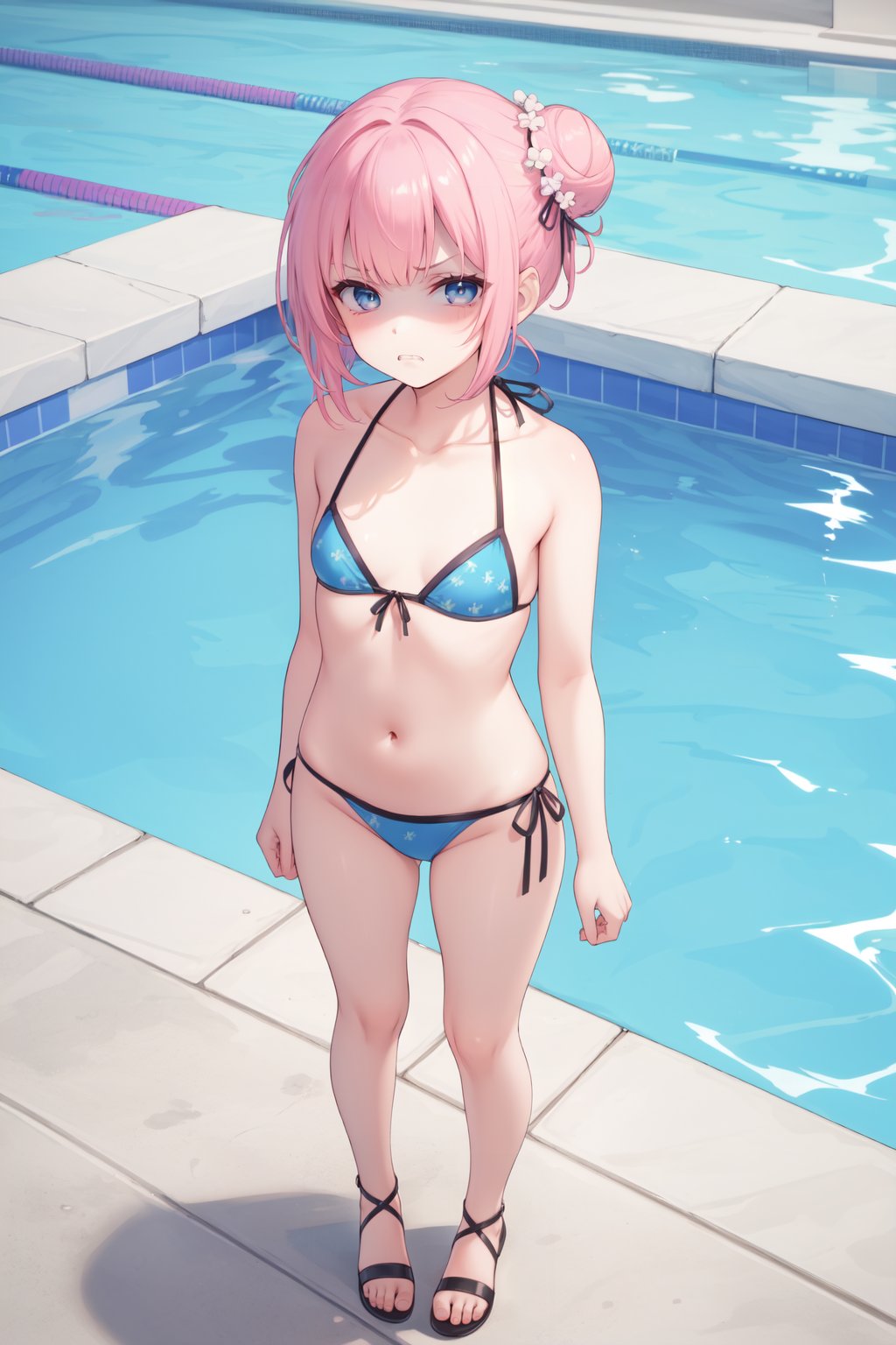 masterpiece,best quality,highres,ultra-detailed,(facing_viewer:1.1), solo, 1girl, hairbun, flat_chest, solo, bikini, standing, pool, (full body),disgust_face,frown,(shaded_face:1.2),clenched teeth, <lora:SelfTraining_表情-鄙視眼神:1>