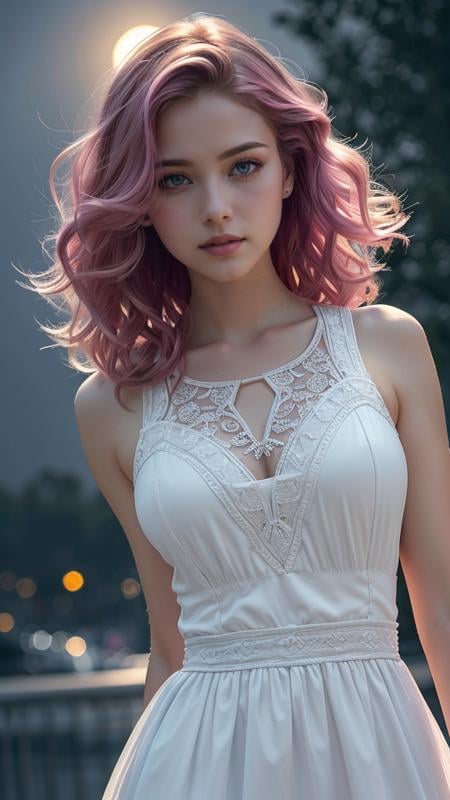 (best quality, masterpiece, colorful, highest detailed), (photorealistic:1.2), raw photo, upper body photo, fashion photography of cute (Creamy Mamy), idol, curly pink hair, perfect eyes shape, in high detailed white gothic-suit, (ultra-detailed gothic-dress), sleeveless top, short wide skirt, (light smile:0.3), moonlight passing through hair, (night beautiful background:1.3), (intricate details), (dynamic angle), exposure blend, bokeh, dim light, (hdr:1.4), high contrast, (muted colors, dim colors, soothing tones:1.3), low saturation, morbid