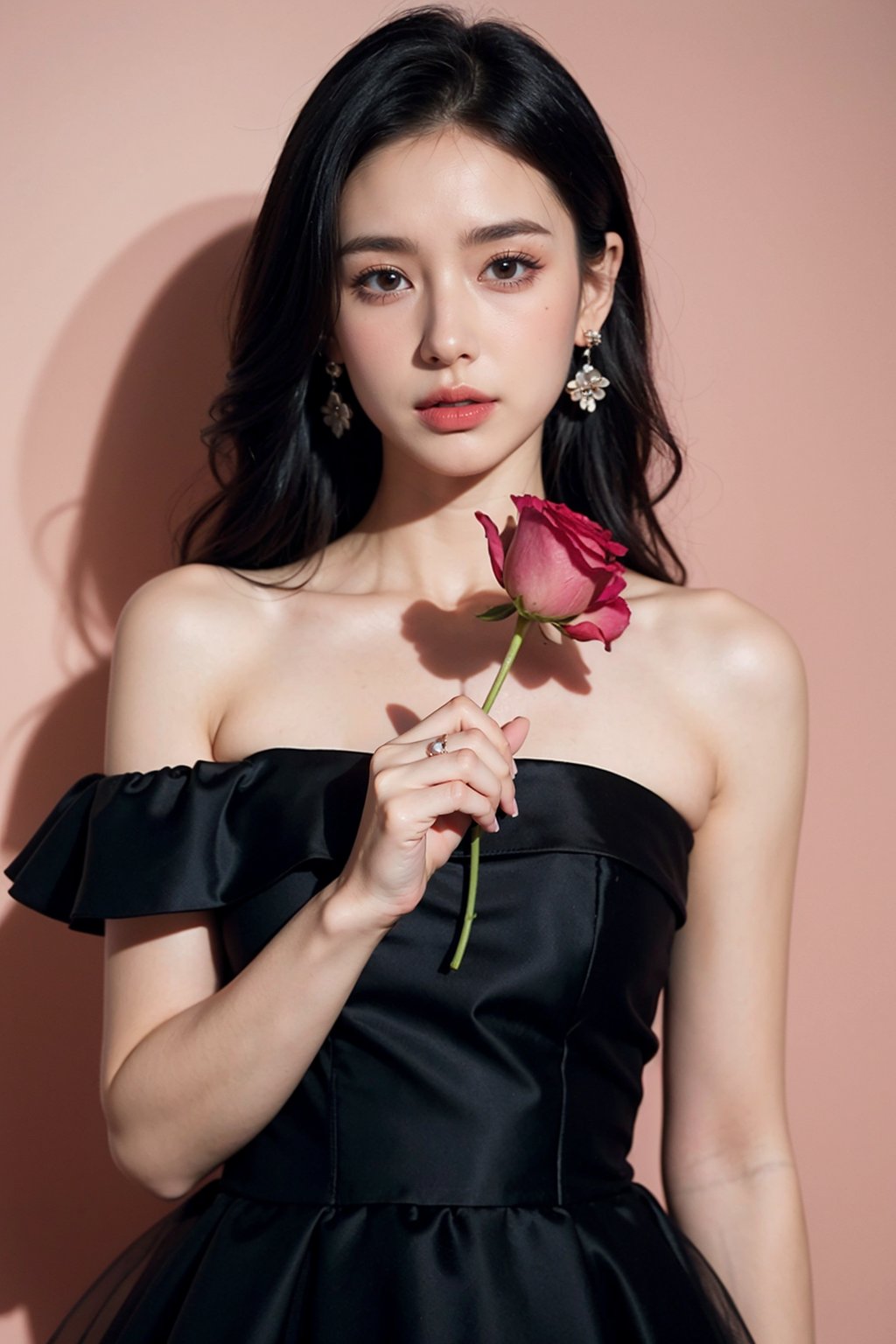 1girl,solo,flower,dress,black dress,black hair,holding,strapless,bare shoulders,holding flower,rose,watermark,strapless dress,parted lips,earrings,pink flower,jewelry,dark,artist name,bare arms,web address,