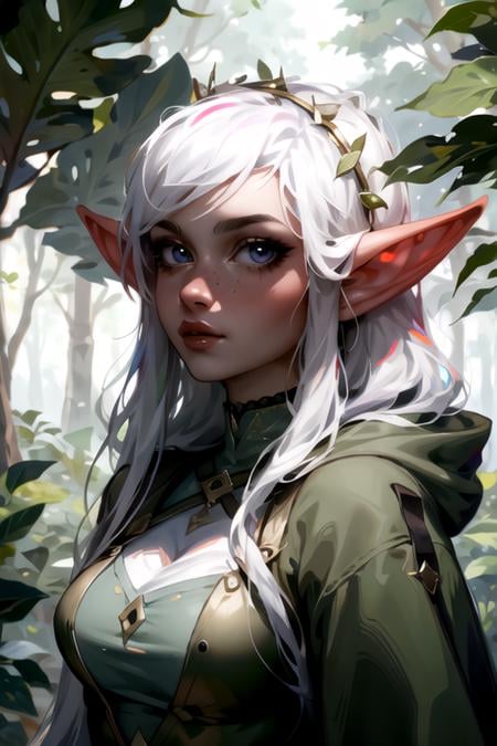 (masterpiece, best quality, sfw, by Sasha Khmel), 1girl, portrait, detailed eyes, long white hairs, elf ears, mage outfit, forest, <lora:Sasha_Khmel_style_v1:0.9>