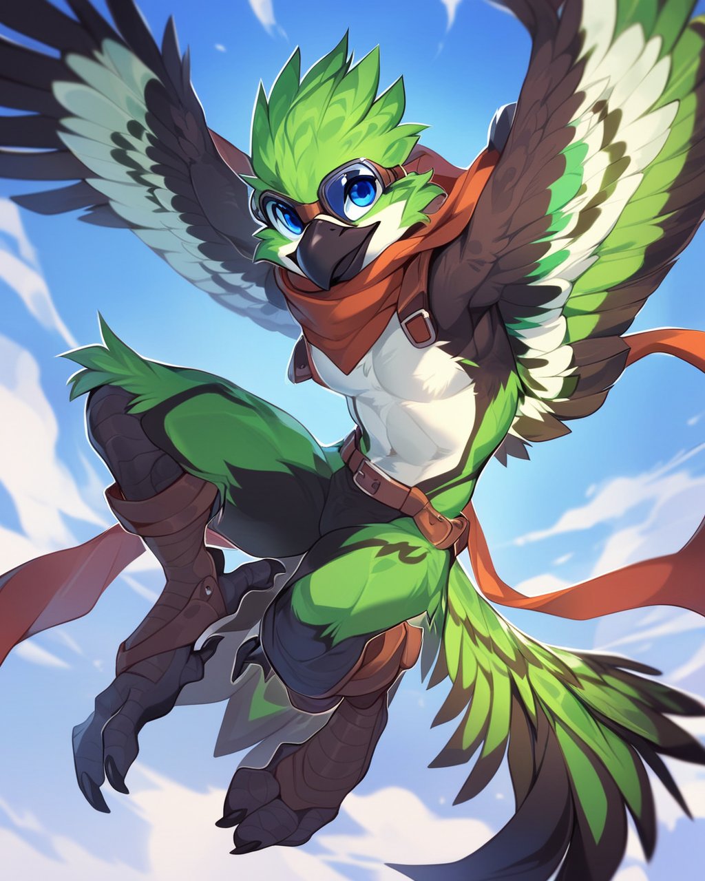 solo male anthro bird, avian, winged arms, green feathers, feathered crest, multicolored feathers, countershading, black feathers, blue eyes, black pupils, black beak,flying, blue sky, action pose, pinup, scarf, athletic male, aviator goggles, feather tuft, looking at viewer, full-length portrait,best quality,<lora:seaart-quality-v1>