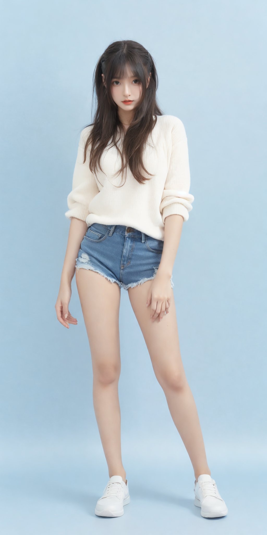 1girl,(standing:1.3),(denim_shorts:1.2),(blue background:1.3),(white sweater:1.2),white sneaker,