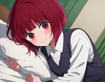 score_9, score_8_up, score_7_up, source_anime,kanaarima, <lora:kana-arima-s1-ponyxl-lora-nochekaiser:1>,kana arima, short hair, bangs, red eyes, red hair, bob cut, smile,long sleeves, school uniform, white shirt, collared shirt, vest, black vest,indoors, bed, bed room, on side, blush, drunk,looking at viewer, cowboy shot, dutch angle, solo,