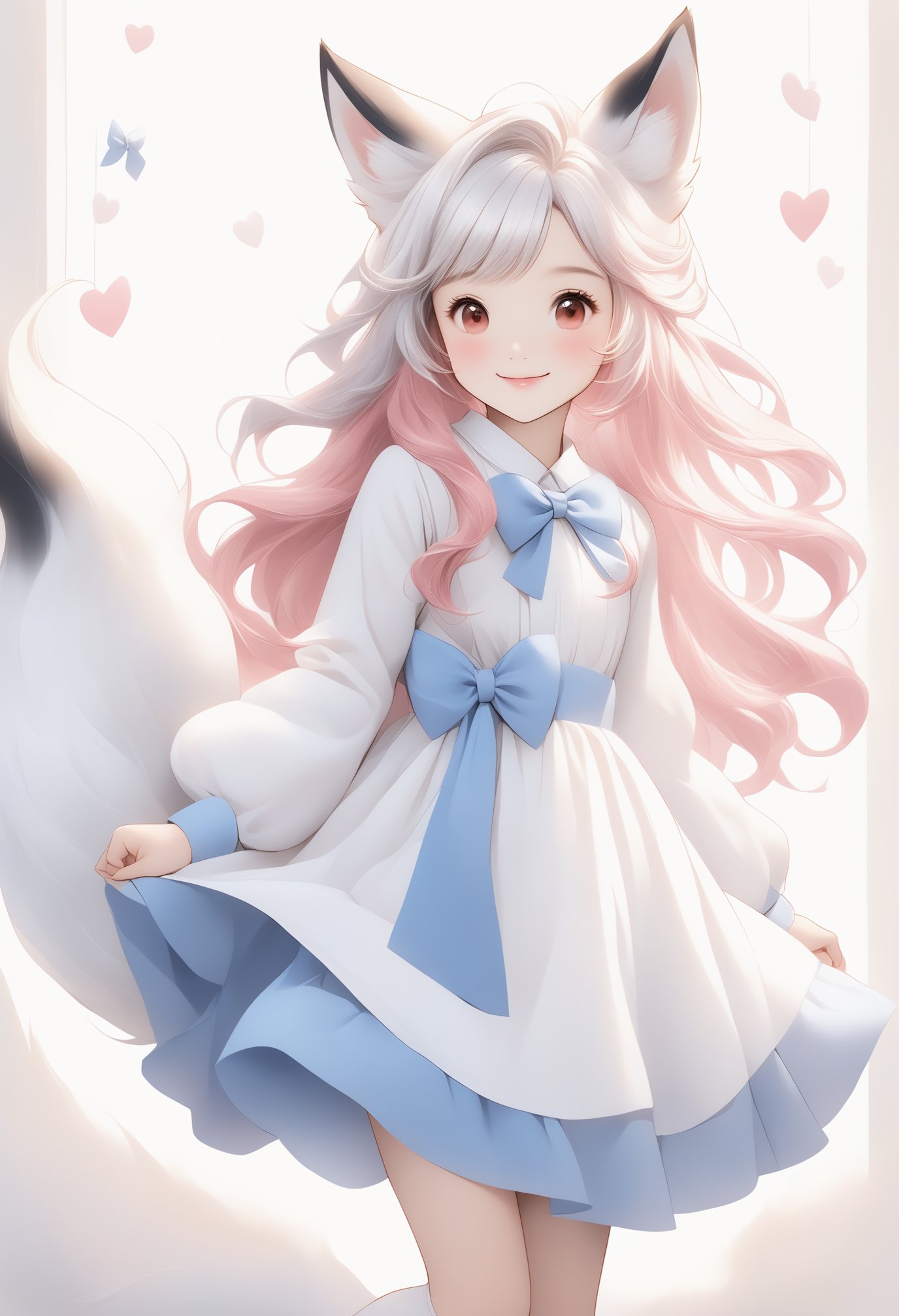 1girl, multiple colored hairs, smile,hair,smiling,lovely,cute,whole bodyblue bow, animal ears, red eyes, long hair, very long hair, long sleeves, solo, bow, hair between eyes, tail, fox tail, bangs, dress, white legwear, white hair