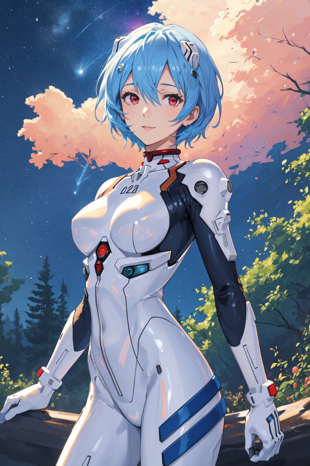 <lora:Rei-000011:0.6>,Rei CYQL,1girl,looking at viewer,solo,blue hair,red eyes,hair between eyes,medium breasts,(Rei 00,short hair,hair between eyes,white bodysuit,plugsuit,interface headset,bodysuit,two-tone sleeves),kind_smile,panorama,Roaring waterfall,Camping,Starlit sky,Campfire,Serenity,Natural wonder,beautiful detailed sky,beautiful detailed glow,posing in front of a colorful and dynamic background,masterpiece,best quality,beautiful and aesthetic,contrapposto,female focus,wallpaper,