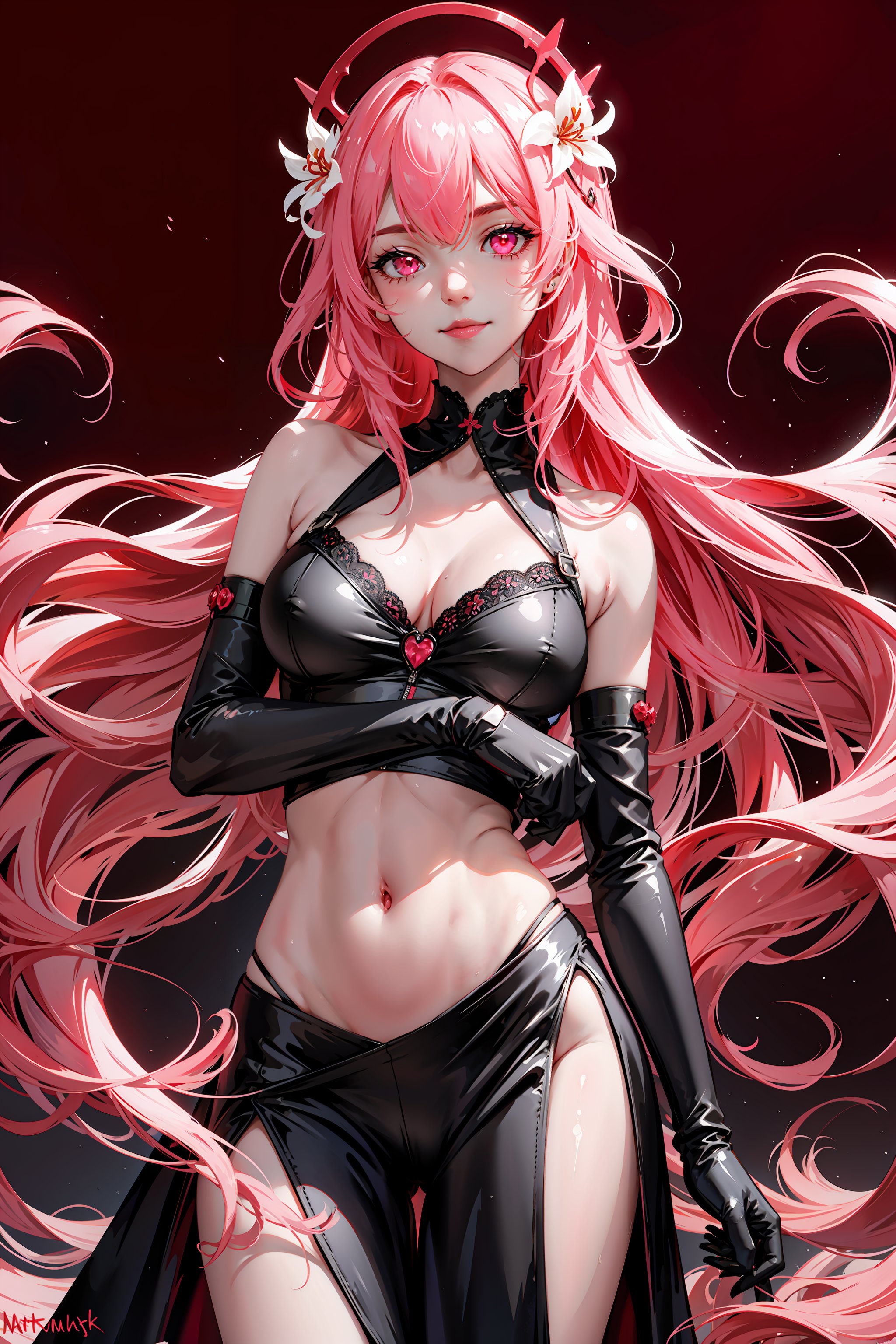 perfect eyes, pink hair, 1girl, long hair, elbow gloves, solo, rating:safe, gloves, flower, signature, very long hair, hair ornament, hair flower, looking at viewer, navel, smile, artist name, glowing, standing, dated, bare shoulders, monochrome, red theme, dress, limited palette, blood, glowing eyes, red background, floating, spider lily, covering mouth, eyebrows visible through hair, twitter username, breasts, hands together, spot color, pink eyes