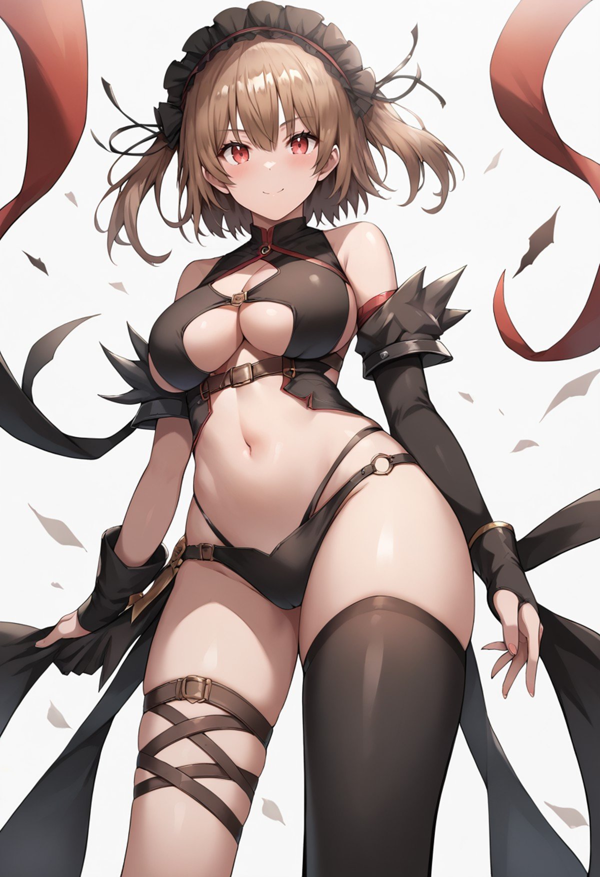 score_9, score_8_up, score_7_up, source_anime,1girl,asymmetrical legwear,boots,breasts,brown hair,cleavage cutout,clothing cutout,full body,headdress,looking at viewer,navel,red eyes,short hair,single thighhigh,smile,solo,thighhighs,white background,underboob,uneven legwear, standing  <lora:Jasony-Style-PonyXL-000050:1>