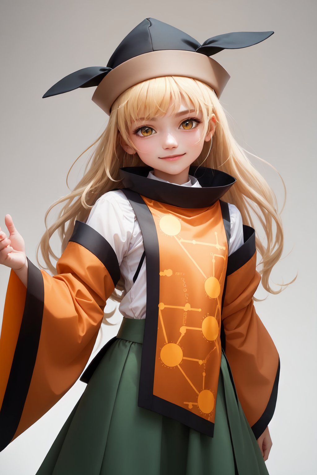 matara_okina,1girl,solo,hat,tabard,wide_sleeves,long_sleeves,black_headwear,green_skirt,smile,constellation_print,orange_sleeves,looking_at_viewer,detached_sleeves,simple_background,brown_headwear,white_shirt<lora:matara_okina:1>,simple background,white backgroundmasterpiece,best quality, highly detailed, 