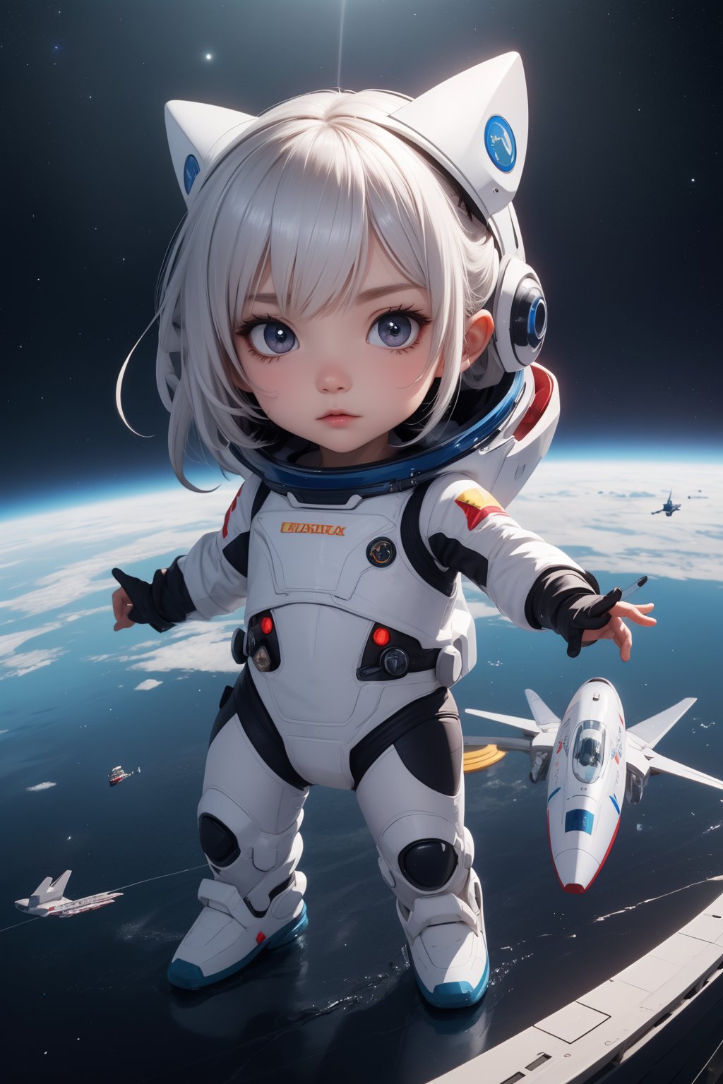 (best quality:1.4),(masterpiece:1.4),(8K:1.4),(extremely detailed:1.4),(chibi:1.4),high quality,ray tracing,streamlinerai space suit,stylized,shiny white,full of reflections,blue glowing lights,futurism,clean edges,Tinted windows,<lora:streamlinerai:0.8>,<lora:GoodHands-beta2:1>,cartoon rendering,