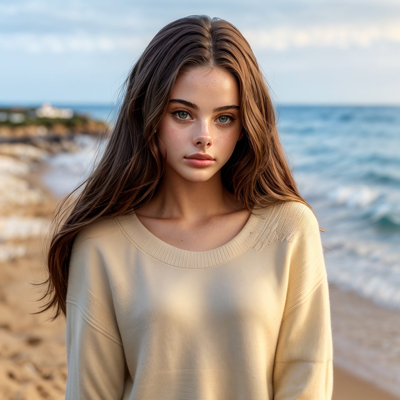 (masterpiece:1.3), best quality, extra resolution view from above, portrait of adorable (AIDA_LoRA_MeW2023:1.13) <lora:AIDA_LoRA_MeW2023:0.96> in (simple cream sweater:1.1), [stunning woman], pretty face, flirting, cinematic, composition, kkw-ph1, (colorful:1.1), (on the seashore:1.1), sea, sand, sky, (on the beach:1.1), sunlight, outdoors