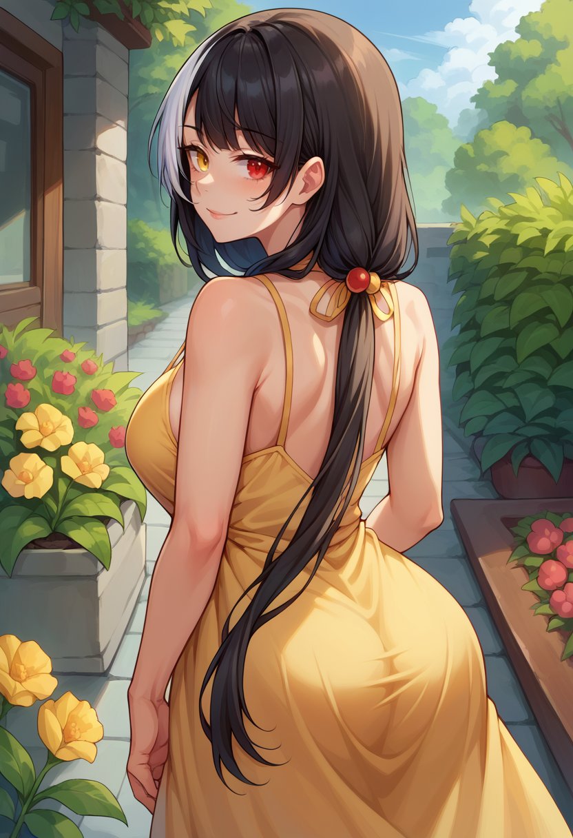 score_9,score_8_up,score_7_up BREAK 1girl,jelorodef,solo,garden,from behind,black hair,streaked hair,low twintails,red eyes,heterochromia,yellow eyes,yellow sundress,looking back,seductive smile,<lora:Ro635-JeloXL-000007:1>,