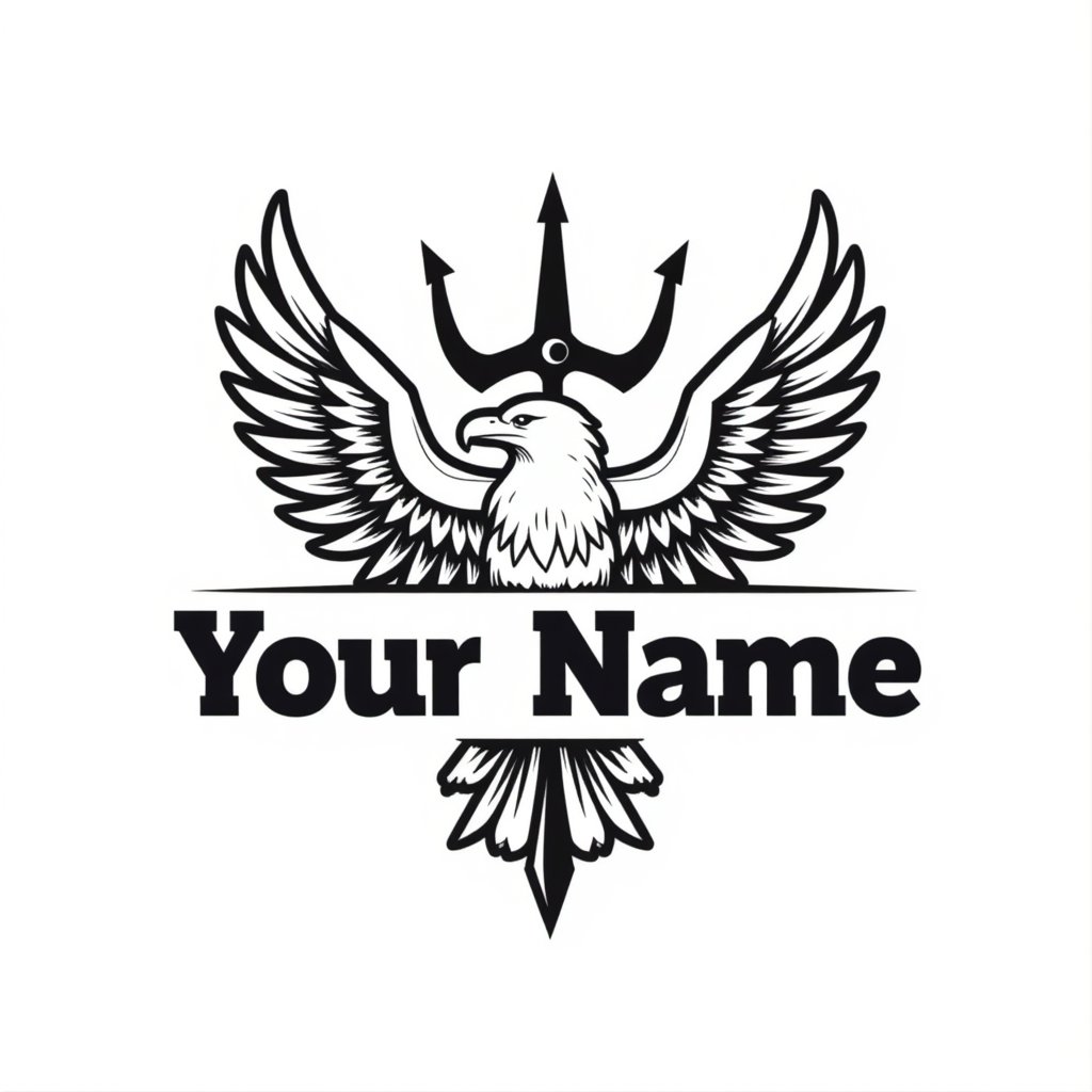 logo of an eagle with trident, emblem, aggressive,graphic,vector black "your name" text, white background, centered composition, flat design style , signature, comic<lora:ins_logo:1>