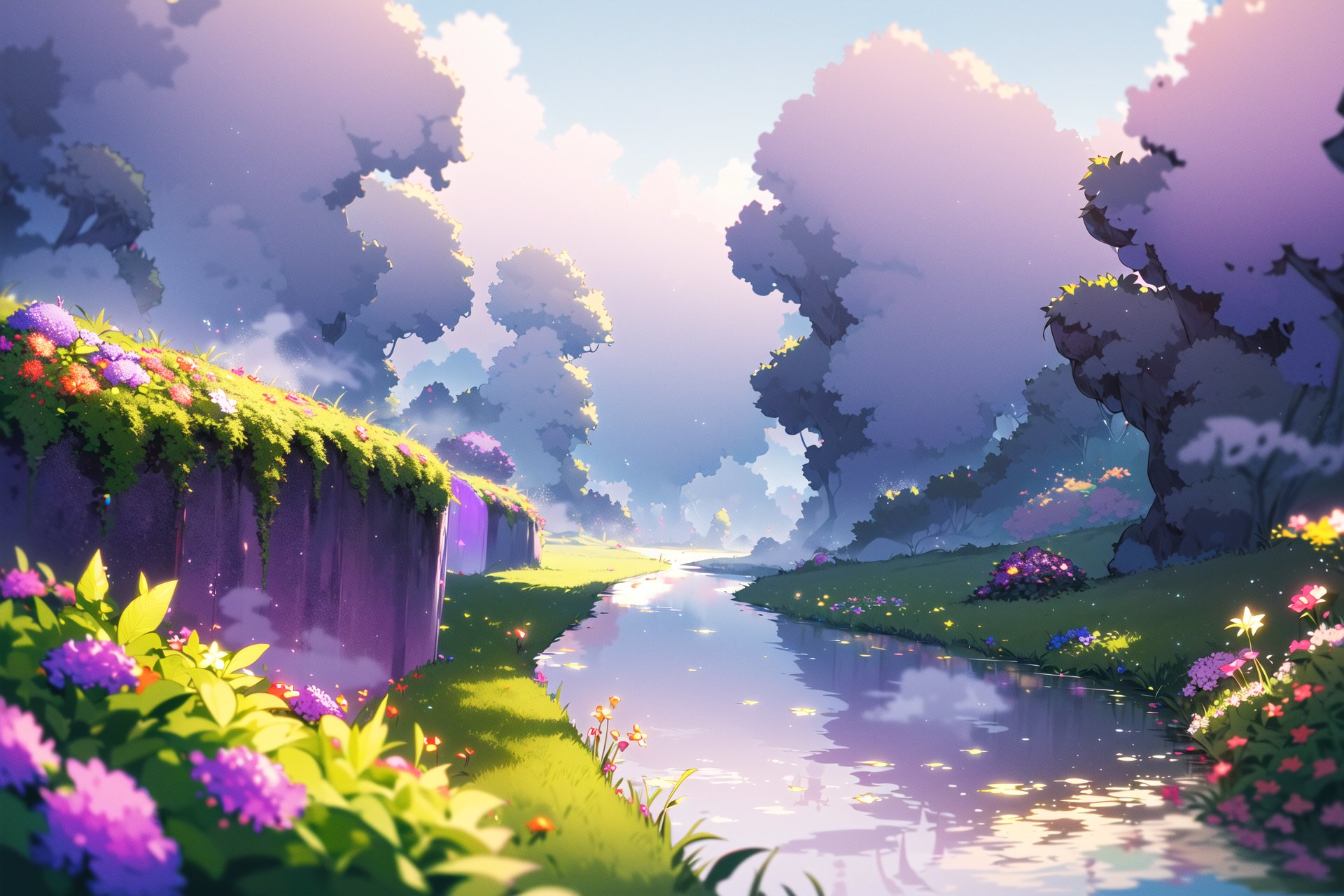 (((masterpiece))),(((best quality))),(((extremely detailed))),chromatic aberration abuse,pastel color,Depth of field,field,garden of the sun,shiny,water,river,stone,green hill zone,Purple tint,(Purple fog:1.3)